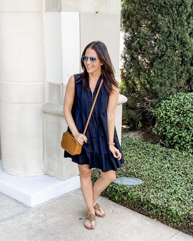 summer outfit | black sleeveless dress with small crossbody purse | Petite Fashion Blog Lady in violet