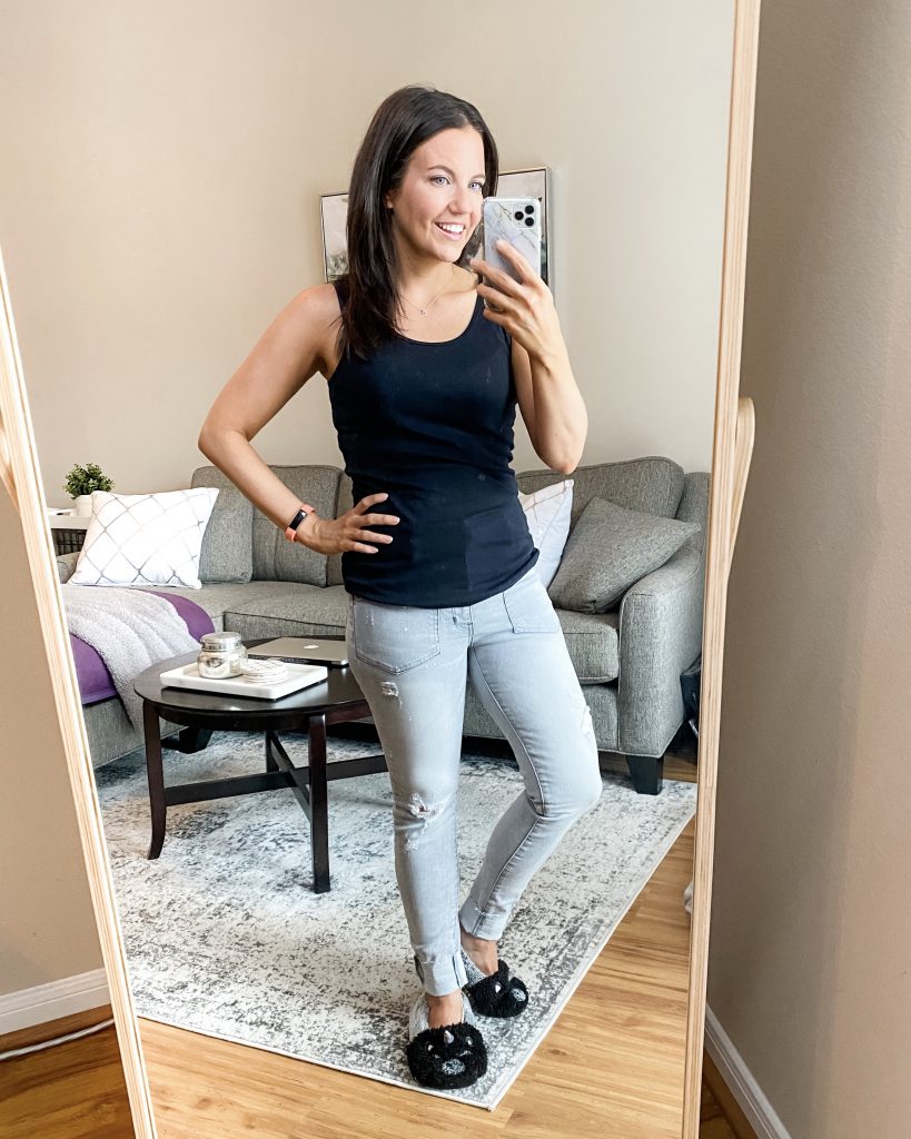 casual outfit | black tank top with gray distressed jeans | Everyday Fashion Blog Lady in Violet