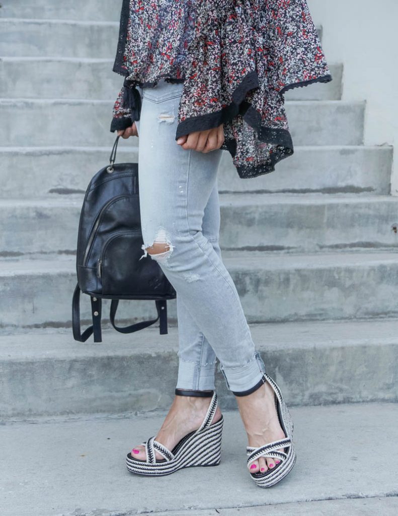 casual outfit | light gray distressed jeans with black espadrille wedges | Everyday Fashion Blog Lady in Violet