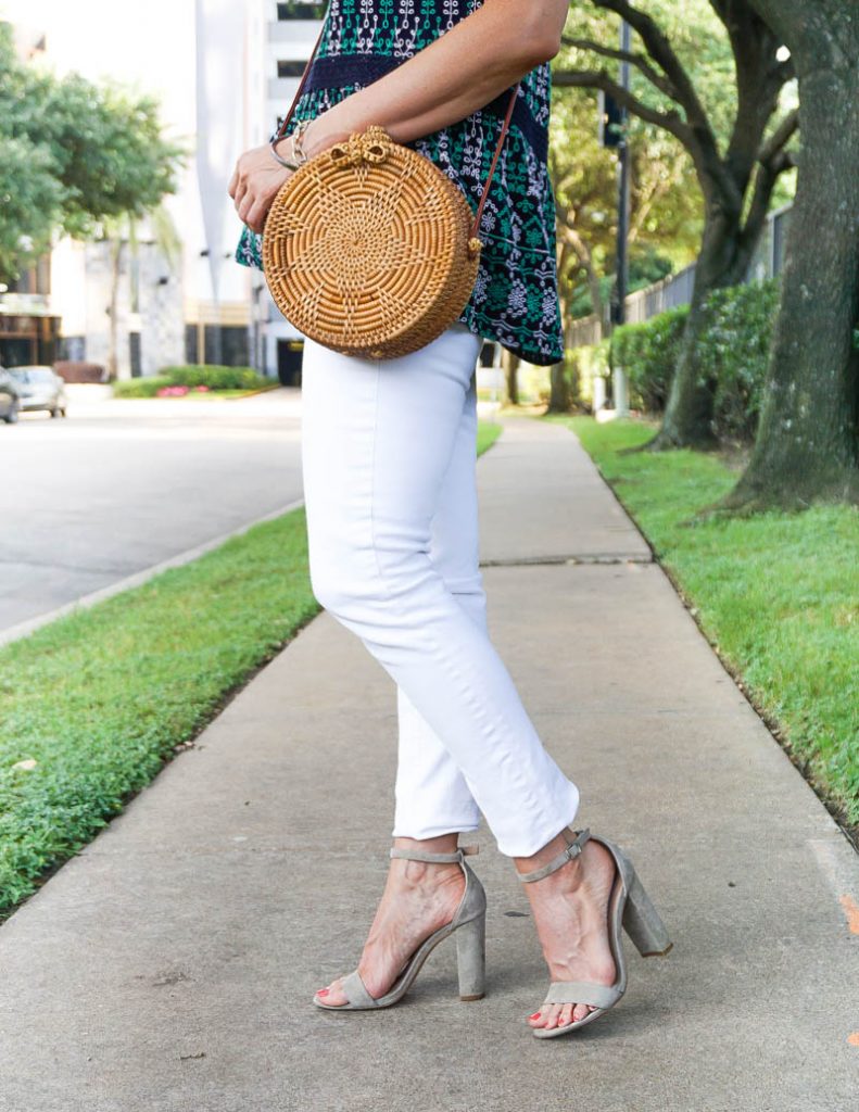 casual outfit | nude colored block heel sandals | circle straw purse | Houston Fashion Blog Lady in Violet