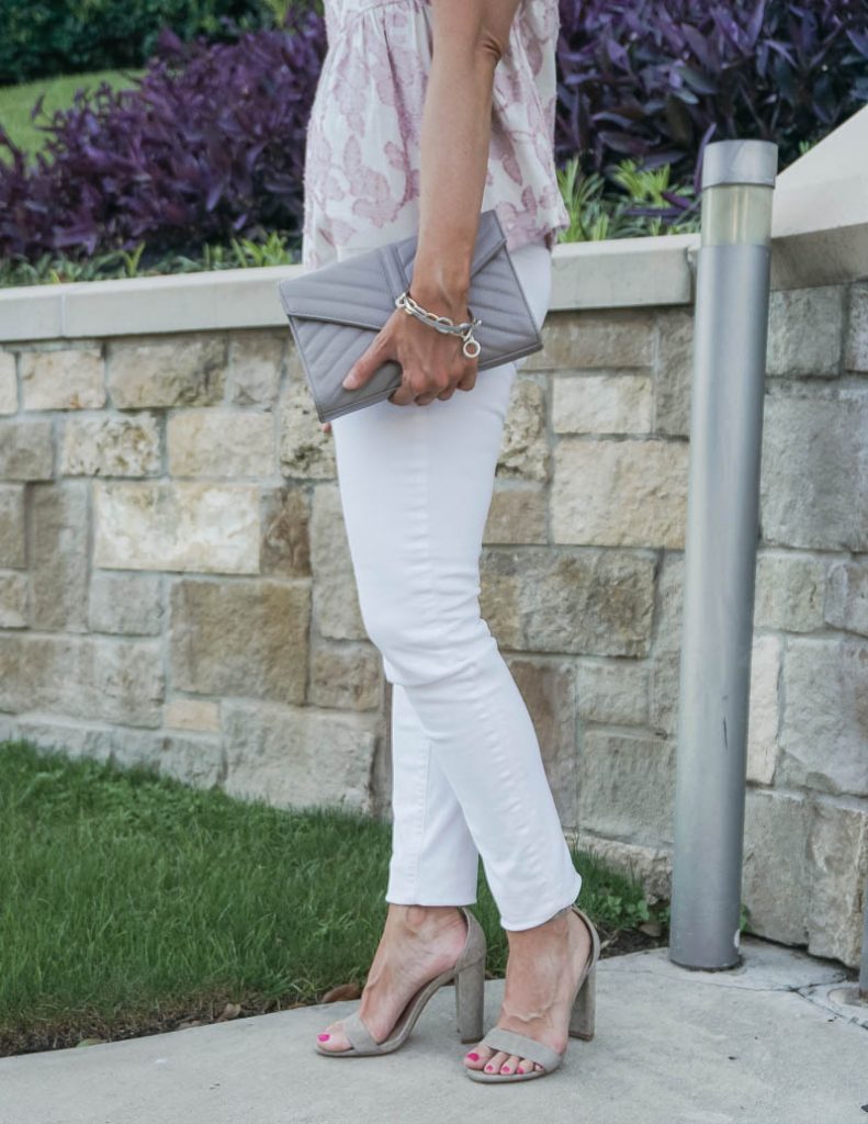 spring outfit | white denim with taupe block heel sandals | Texas Fashion Blog Lady in Violet