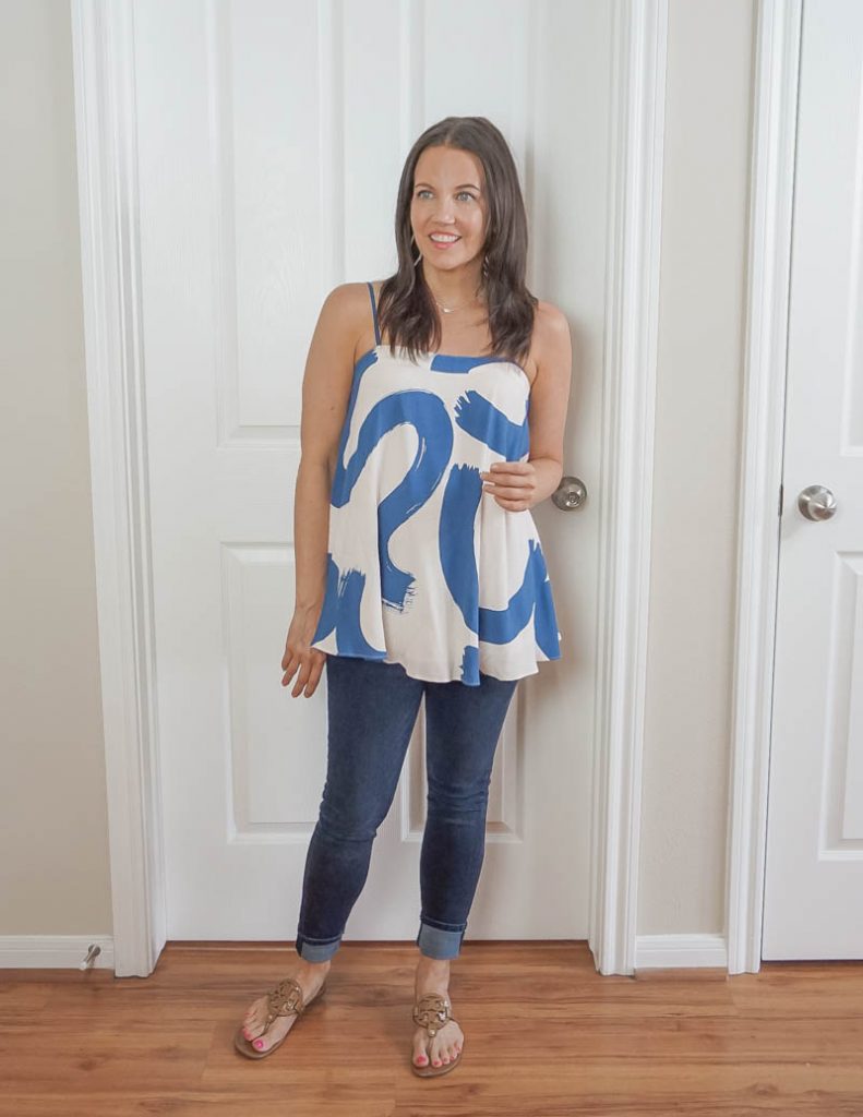 summer outfit | blue white swing top | tory burch sandals | Everyday Fashion Blog Lady in Violet