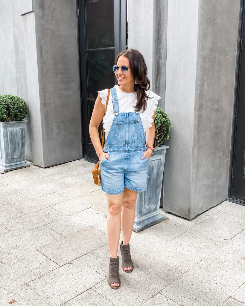 summer outfit | overall shorts with white lace top | Casual Fashion Blog Lady in Violet