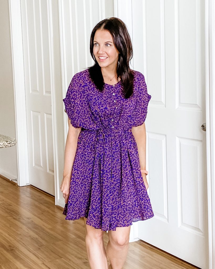 comfy outfit | purple print swing dress | Casual Fashion Blog Lady in Violet