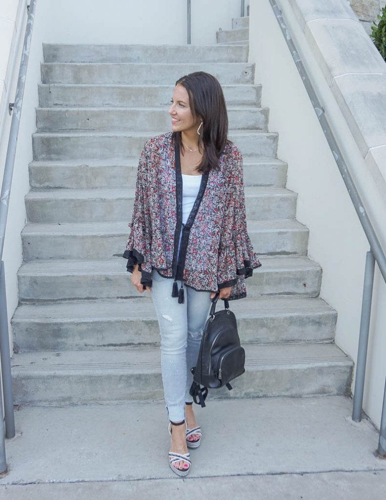 spring outfit | black floral print long sleeve kimono with light grey jeans | Petite Fashion Blogger Lady in Violet