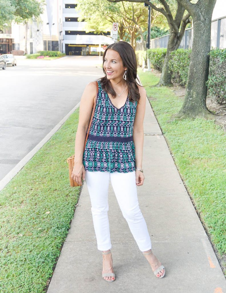 summer outfit | navy green embroidered blouse with white skinny jeans | Everyday Fashion Blog Lady in violet