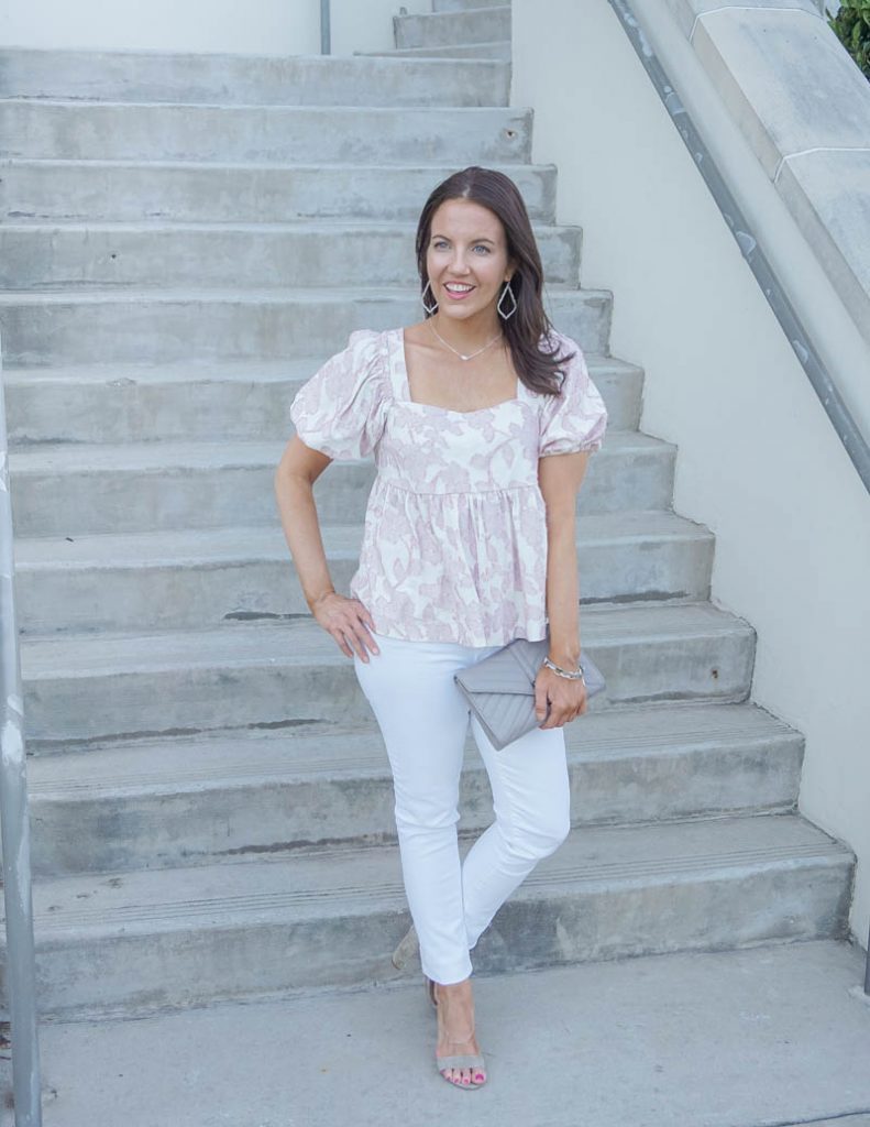 summer outfit | pink floral short sleeve top with white skinny jeans | Petite Fashion Blog Lady in Violet