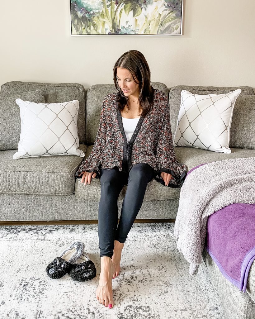 comfy at home outfit | floral kimono with black leggings | Affordable Fashion Blog Lady in Violet