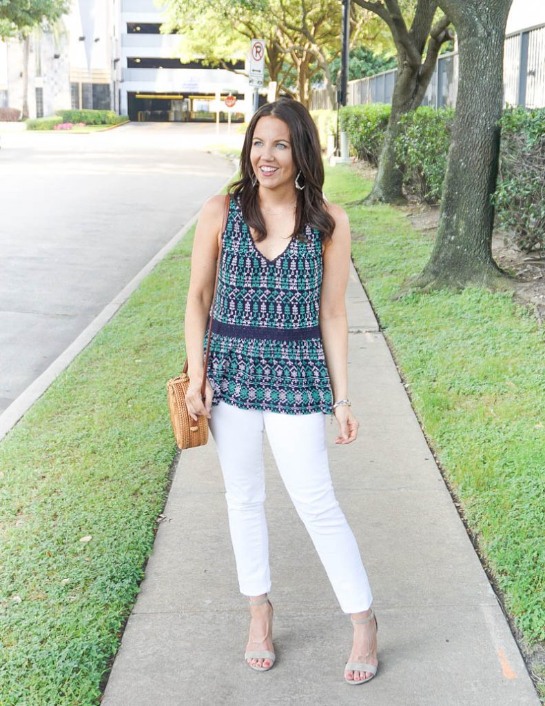 spring outfit | navy green sleeveless top | white denim | Casual Fashion Blog Lady in Violet