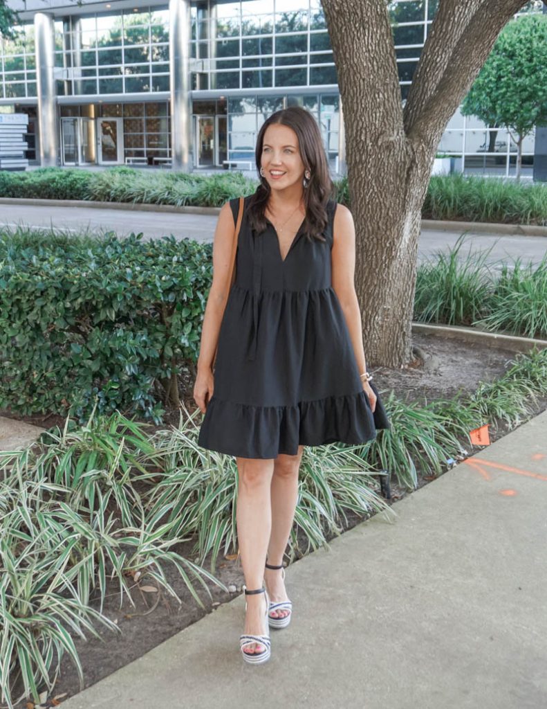 summer outfit | black tiered swing dress with wedge sandals | Affordable Fashion Blog Lady in Violet
