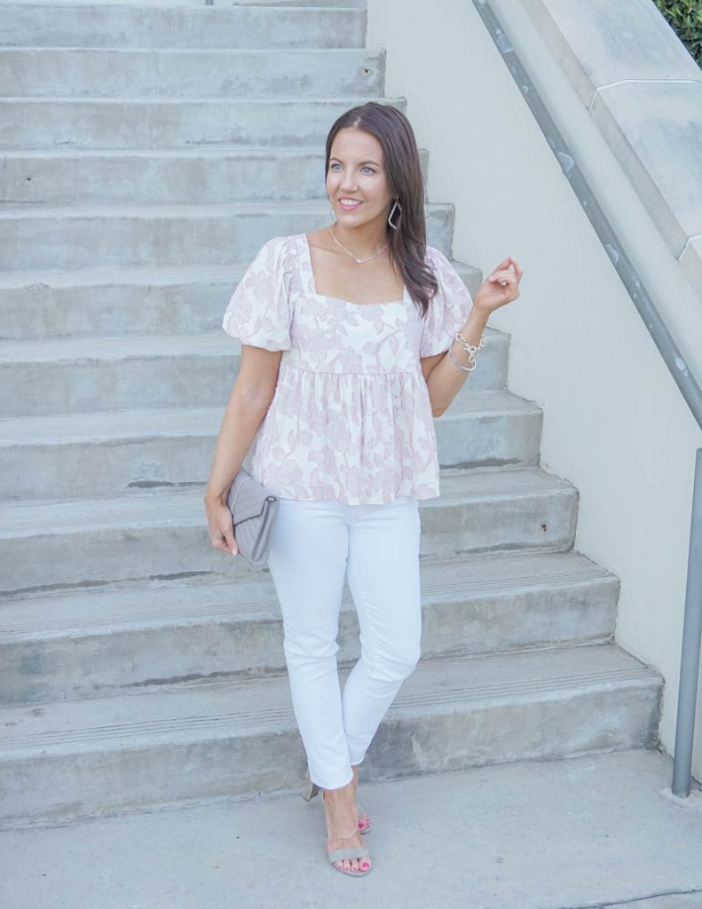 summer outfit | pink white babydoll top with skinny jeans | Everyday Fashion Blog Lady in Violet