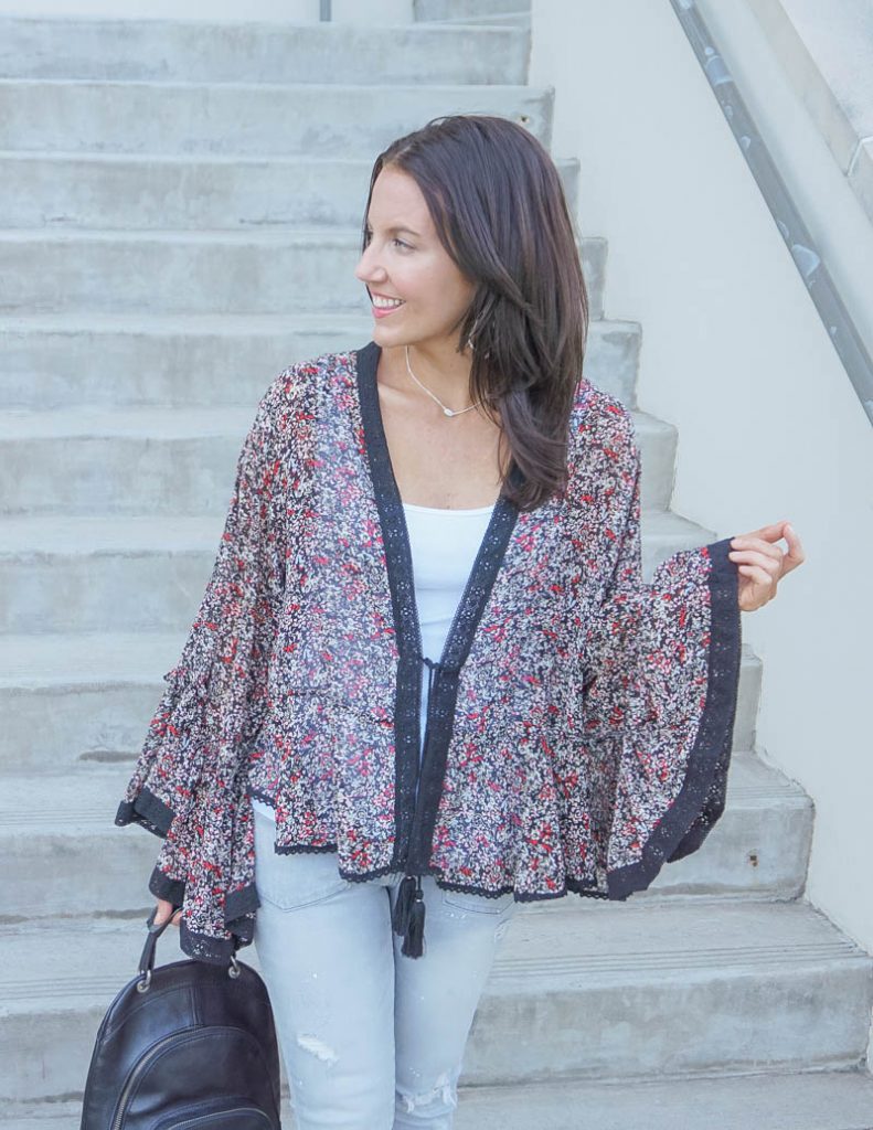 spring outfit | dark floral kimono over white tank top | Petite Fashion Blog Lady in Violet