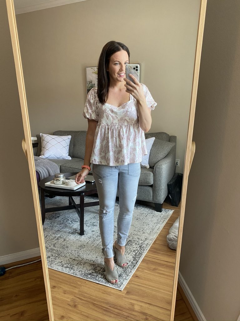 spring outfit | pink babydoll top with sleeves and light gray jeans | Petite Fashion Blog Lady in Violet