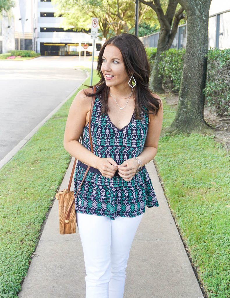 summer outfit | navy green embroidered top with short silver necklace | Texas Fashion Blog Lady in Violet