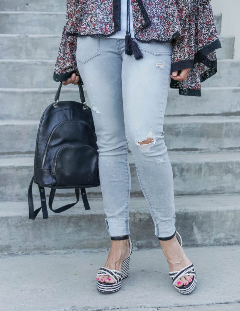 casual outfit | distressed light gray skinny jeans with black espadrille wedge sandals | Texas Fashion Blog Lady in Violet