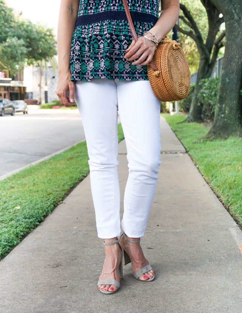 dressy casual outfit | white skinny jeans with suede block heel sandals | Affordable Style Blog Lady in Violet