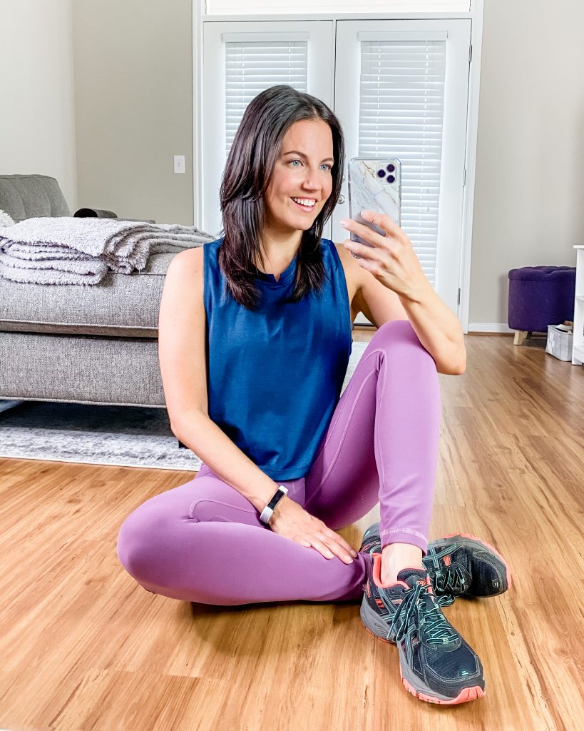 workout outfit with blue tank top and purple leggings | Houston Fashion Blog Lady in Violet