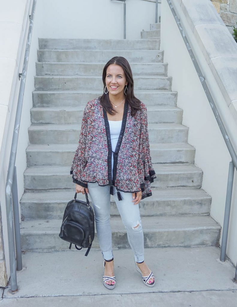 casual outfits | dark floral print kimono with gray distressed jeans | Top Petite Fashion Blog Lady in Violet