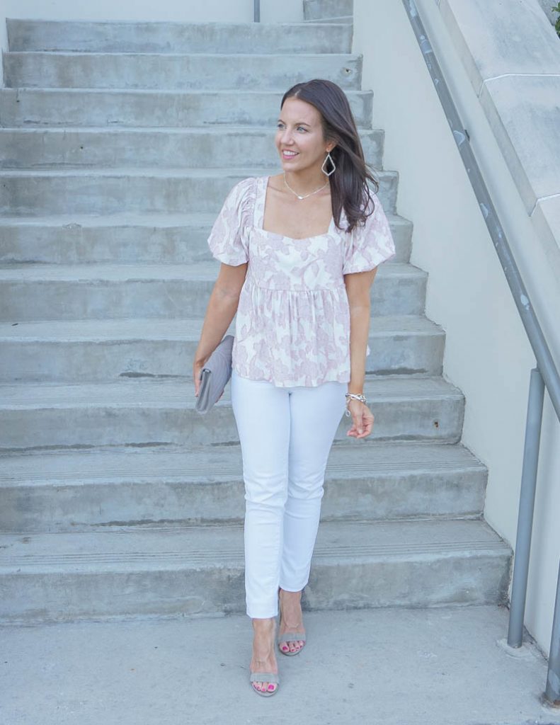 spring outfit | pink babydoll short sleeve top with strappy suede sandals | Personal Style Blog Lady in Violet