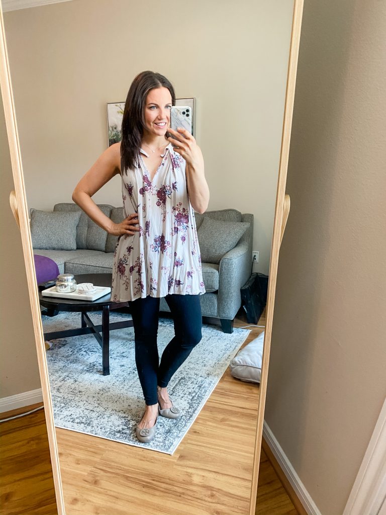 work from home outfit | floral tunic top over black leggings | Texas Fashion Blog Lady in Violet