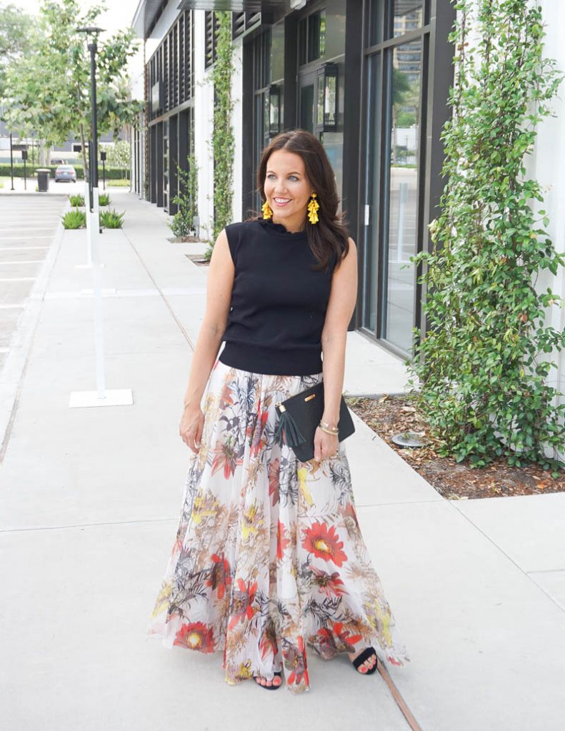summer wedding outfit | black sleeveless top with floral maxi skirt | Affordable Fashion Blog Lady in Violet