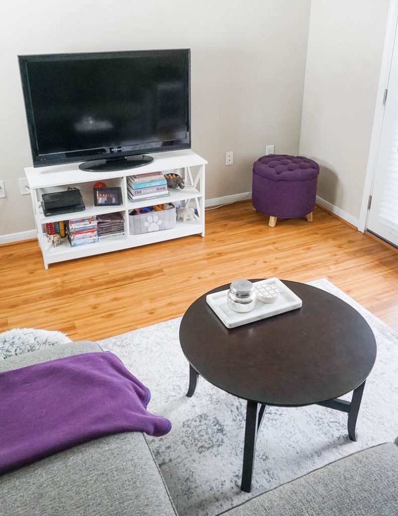small apartment living room | grey neutral with pops of color | small coffee table | home decor tips blog Lady in Violet