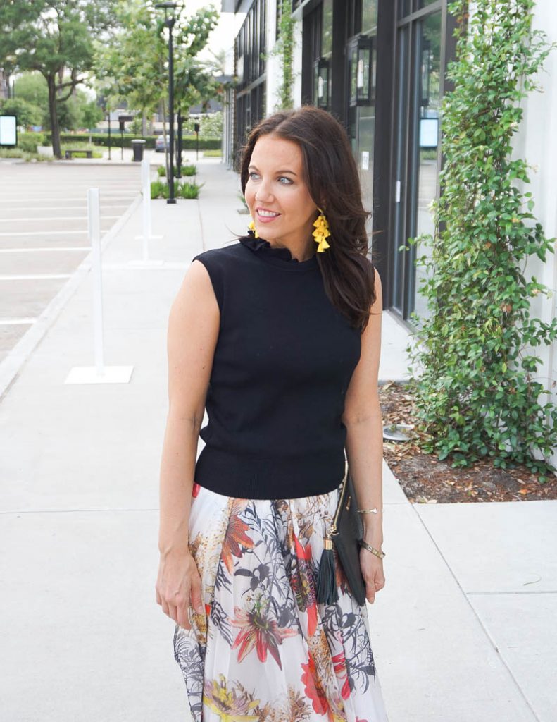 summer luncheon outfit | black knit top with yellow tassel earrings | Texas Fashion Blog Lady in Violet