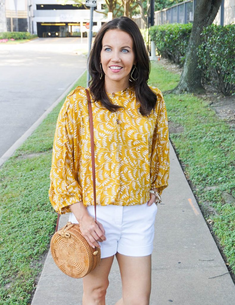 summer outfit | yellow flowy top with white dress shorts | Petite Fashion Blog Lady in Violet