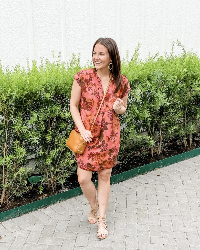 casual outfit | pink floral dress | small crossbody purse | Petite Fashion Blog Lady in Violet