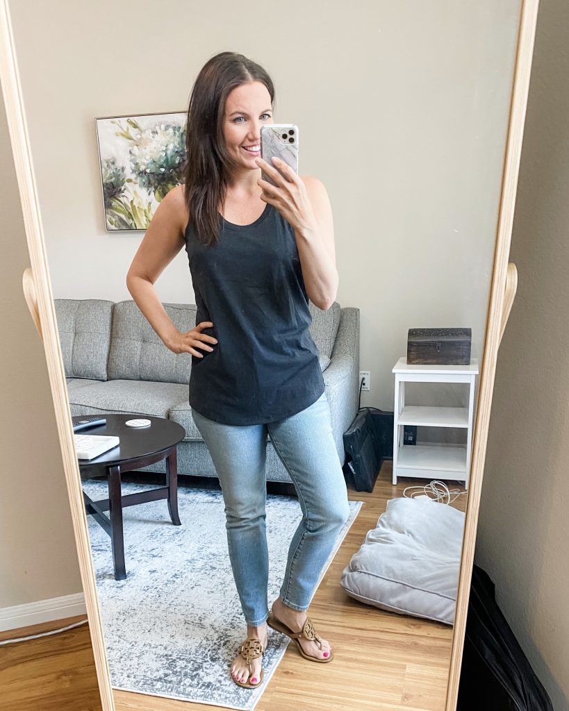 casual outfit | dark gray tank top | light wash skinny jeans | Affordable Fashion Blog Lady in Violet