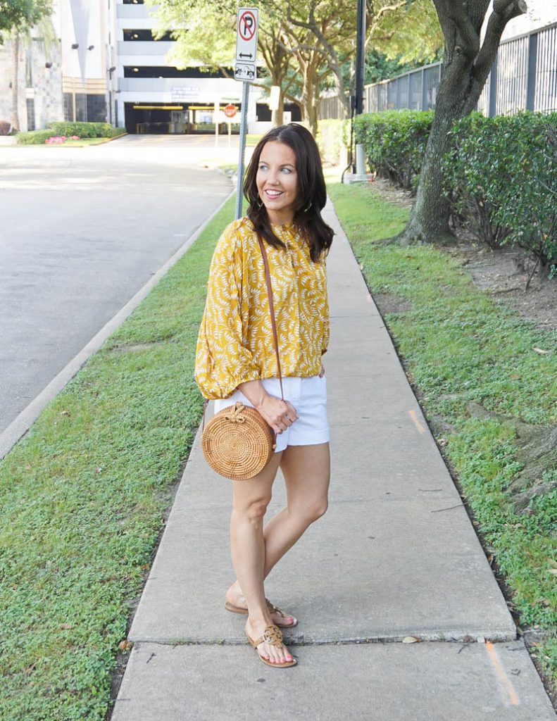 casual outfit | yellow floral print blouse with white shorts | Petite Fashion Blog Lady in Violet