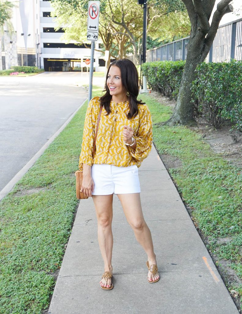 summer outfit | yellow long sleeve top with white shorts | Everyday Fashion Blog Lady in Violet