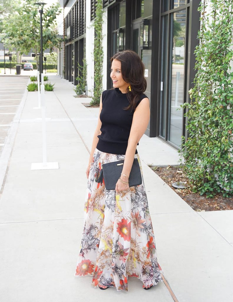 summer wedding guest outfit | black high neck top with big flower printed long skirt | Southern Style Blog Lady in Violet