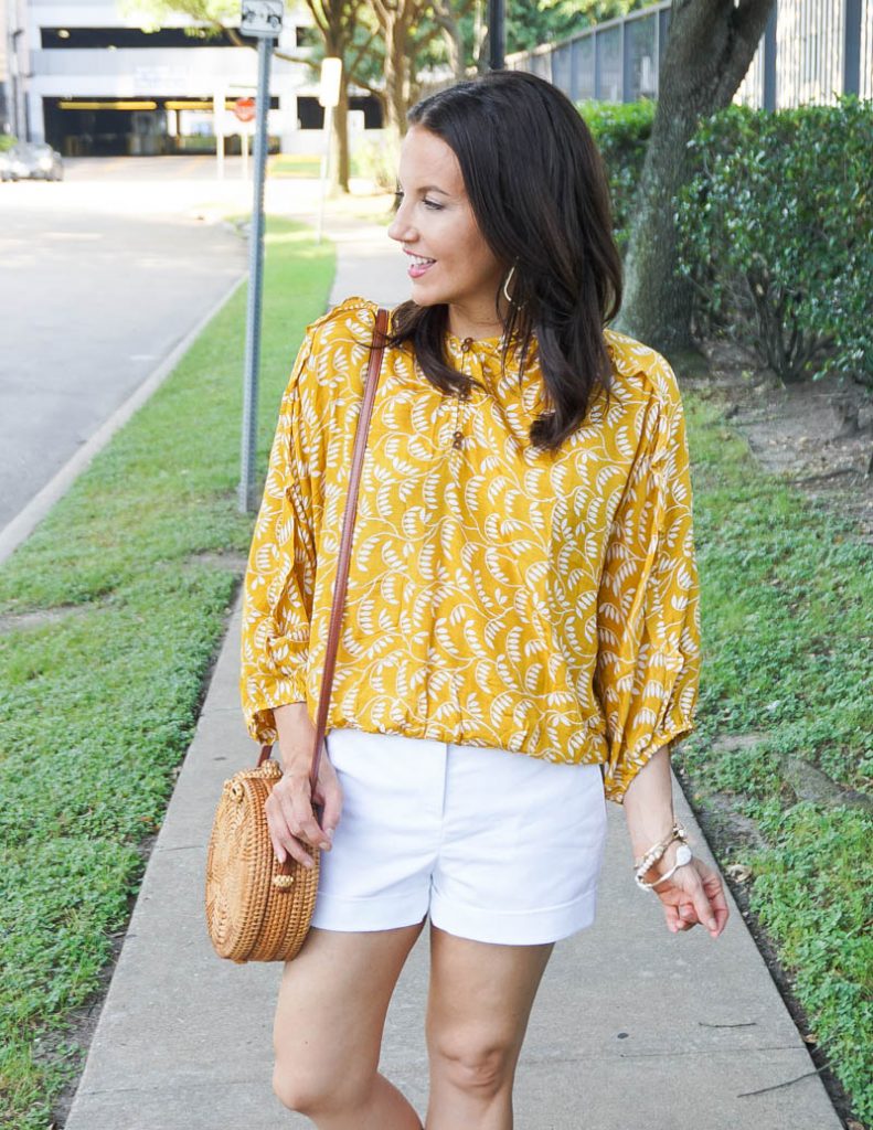 casual daytime outfit | yellow floral print top with white dress shorts | Affordable Fashion Blog Lady in Violet