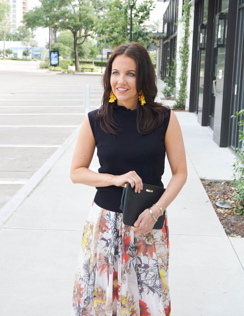 spring outfit | high neck sleeveless top | yellow statement earrings | Affordable Fashion Blog Lady in violet