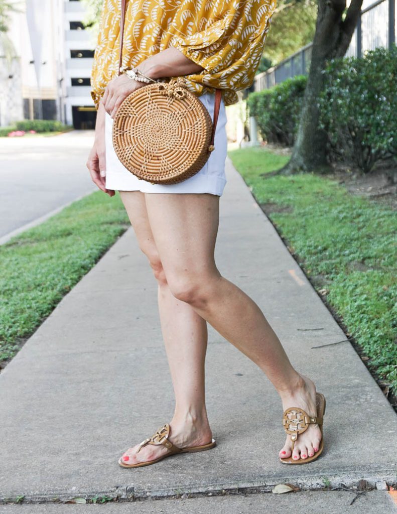 summer outfit | straw circle crossbody purse | sand patent miller sandals | Casual Fashion Blog Lady in Violet