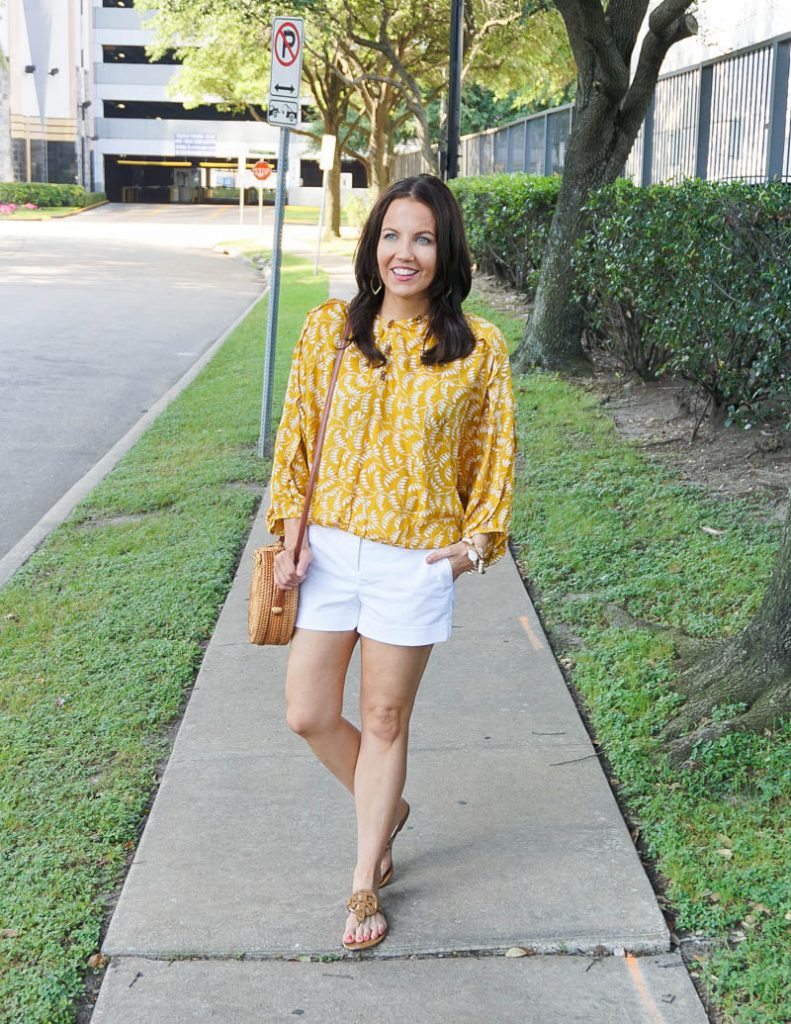 summer outfit | yellow banded waist top with white cuffed shorts | Houston Fashion Blog Lady in Violet