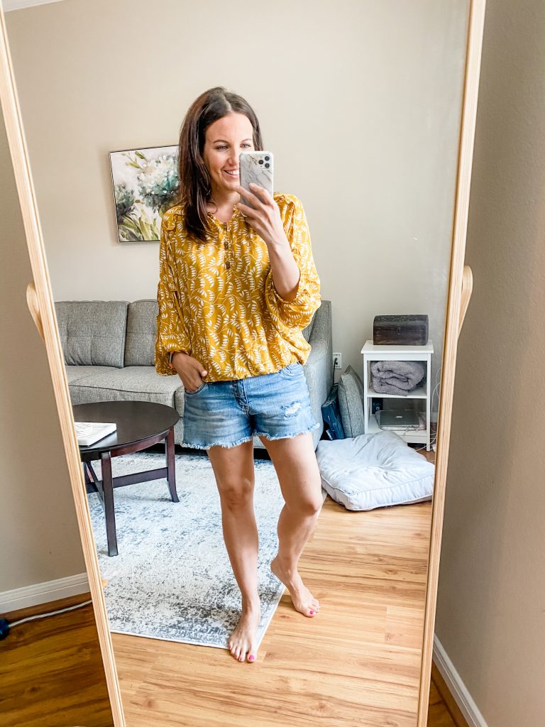 summer outfit | yellow blouse | cutoff denim shorts | Houston Fashion Blog Lady in Violet
