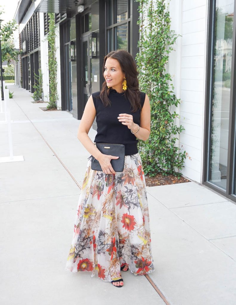 wedding guest attire | black sleeveless top with floral print maxi skirt | Petite Fashion Blog Lady in Violet