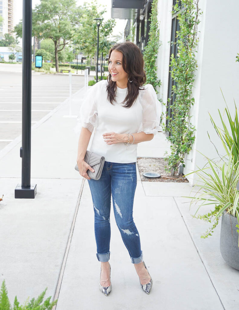 date night outfit | puff sleeve top with distressed jeans | Affordable Fashion Blog Lady in Violet