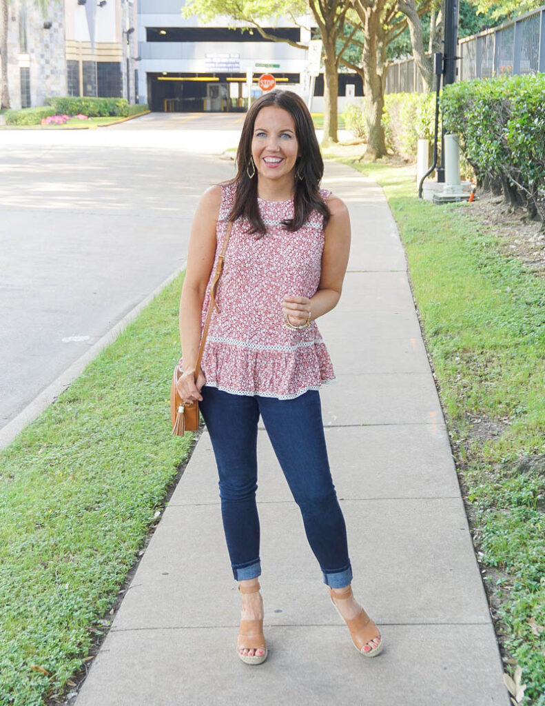 spring outfit | red floral sleeveless top | brown wedge sandals | Petite Fashion Blog Lady in Violet