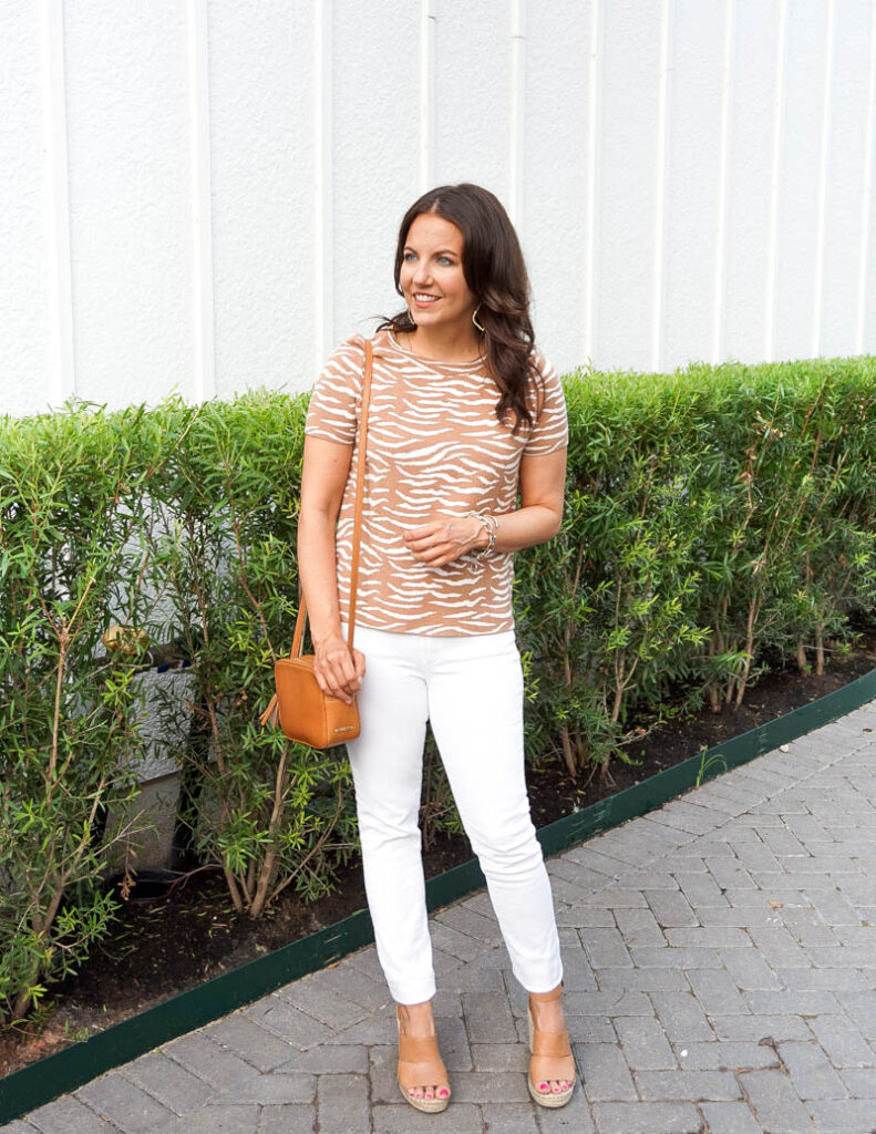 summer outfit | tan zebra sweater | white denim | Affordable Fashion Blog Lady in Violet