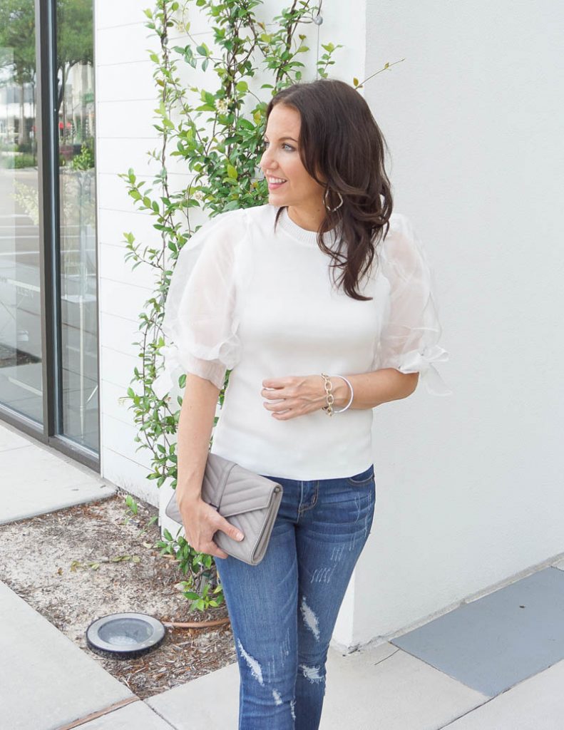 girls night out outfit | organza puff sleeve top and gray clutch | Houston Fashion Blog Lady in Violet