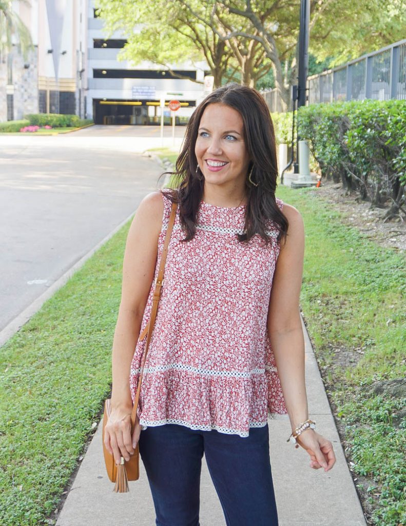 summer outfit | red floral sleeveless blouse | stone bangle bracelets | Affordable Fashion Blog Lady in Violet