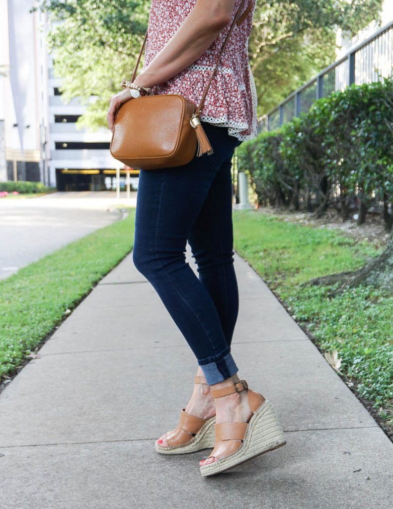 casual outfit | tan crossbody purse | espadrille wedge sandals | Budget Friendly Fashion Blog Lady in Violet