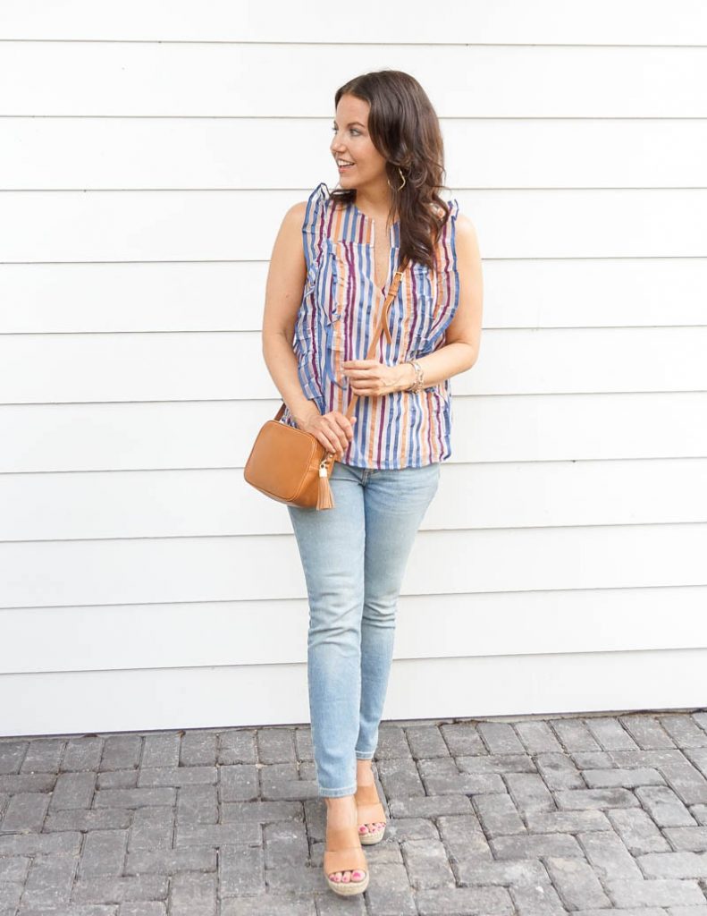 casual outfit | rainbow striped sleeveless top with light blue skinny jeans | Petite Fashion Blog Lady in Violet