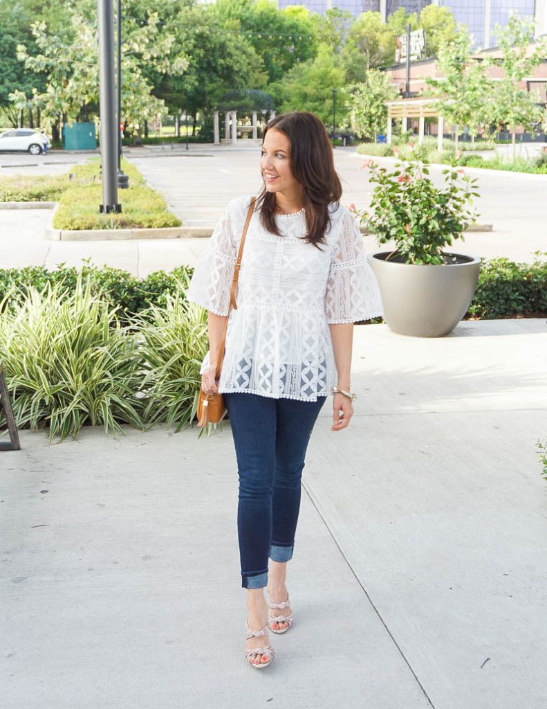 casual spring outfit | white lace detail blouse with sleeves | dark blue jeans | Petite Fashion Blog Lady in Violet