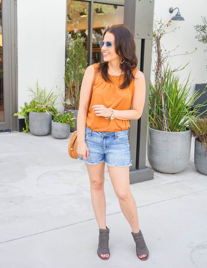 casual summer outfit | rust orange sleeveless top | brown peep toe booties | Houston Fashion Blog Lady in Violet