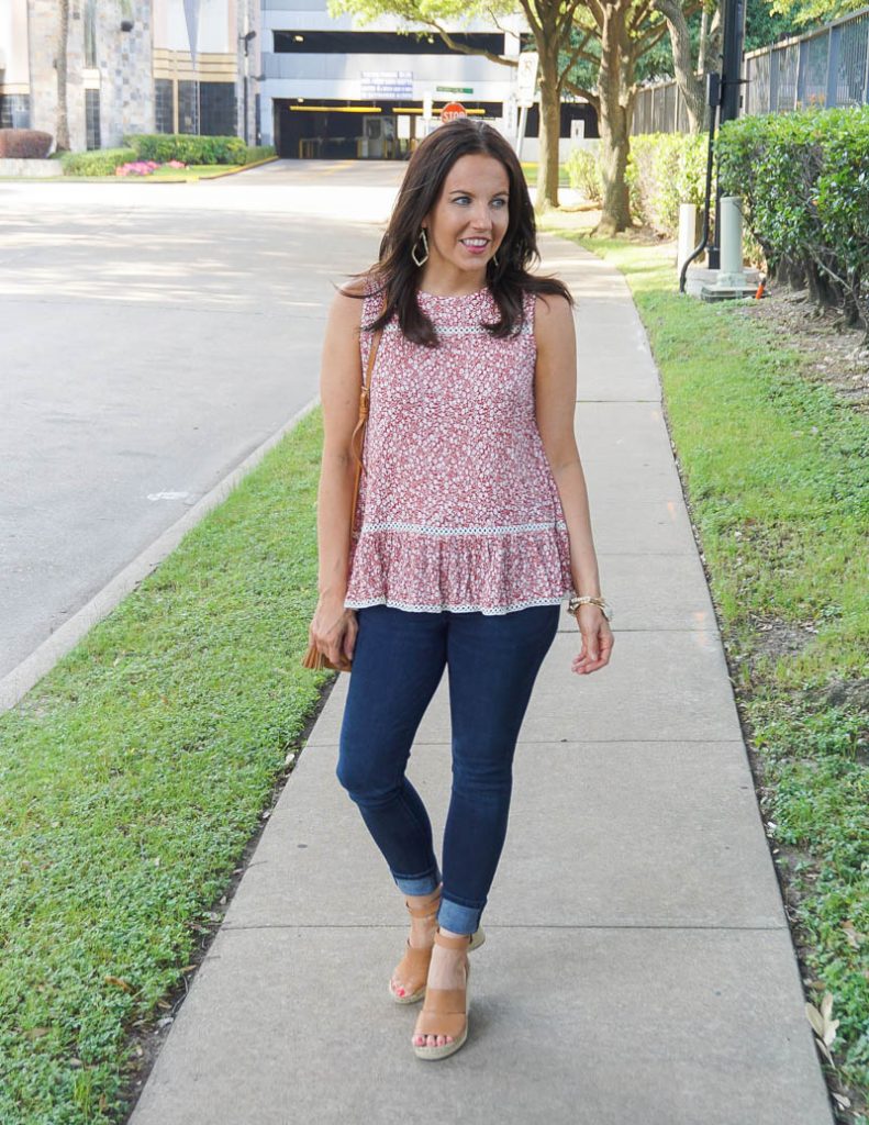 hot weather outfit | red sleeveless ruffle hem top with dark blue jeans | Texas Fashion Blog Lady in Violet