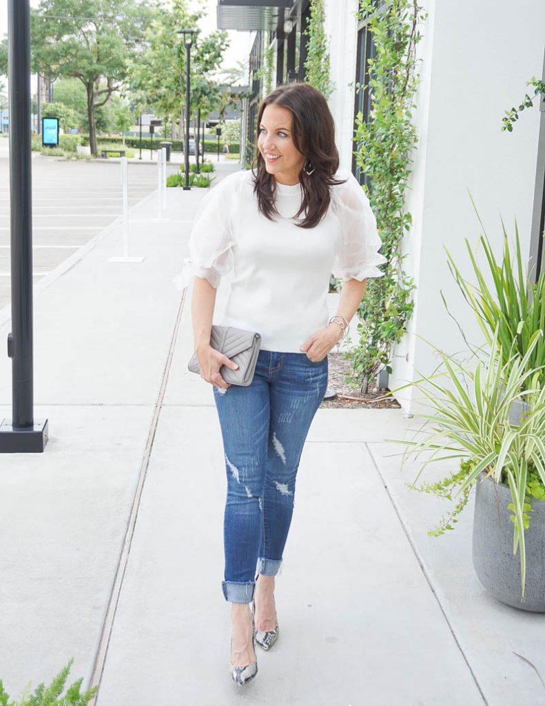 spring outfit | white organza puff sleeve top with frayed hem jeans | Everyday Fashion Blog Lady in Violet